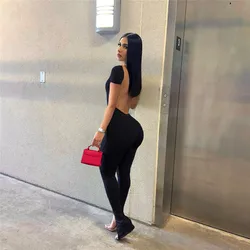 Sommer Kurzarm sexy Frauen Overalls Mode offenen Rücken dünn lässig Stram pler grün schwarz einteilig rücken frei Outfits Party