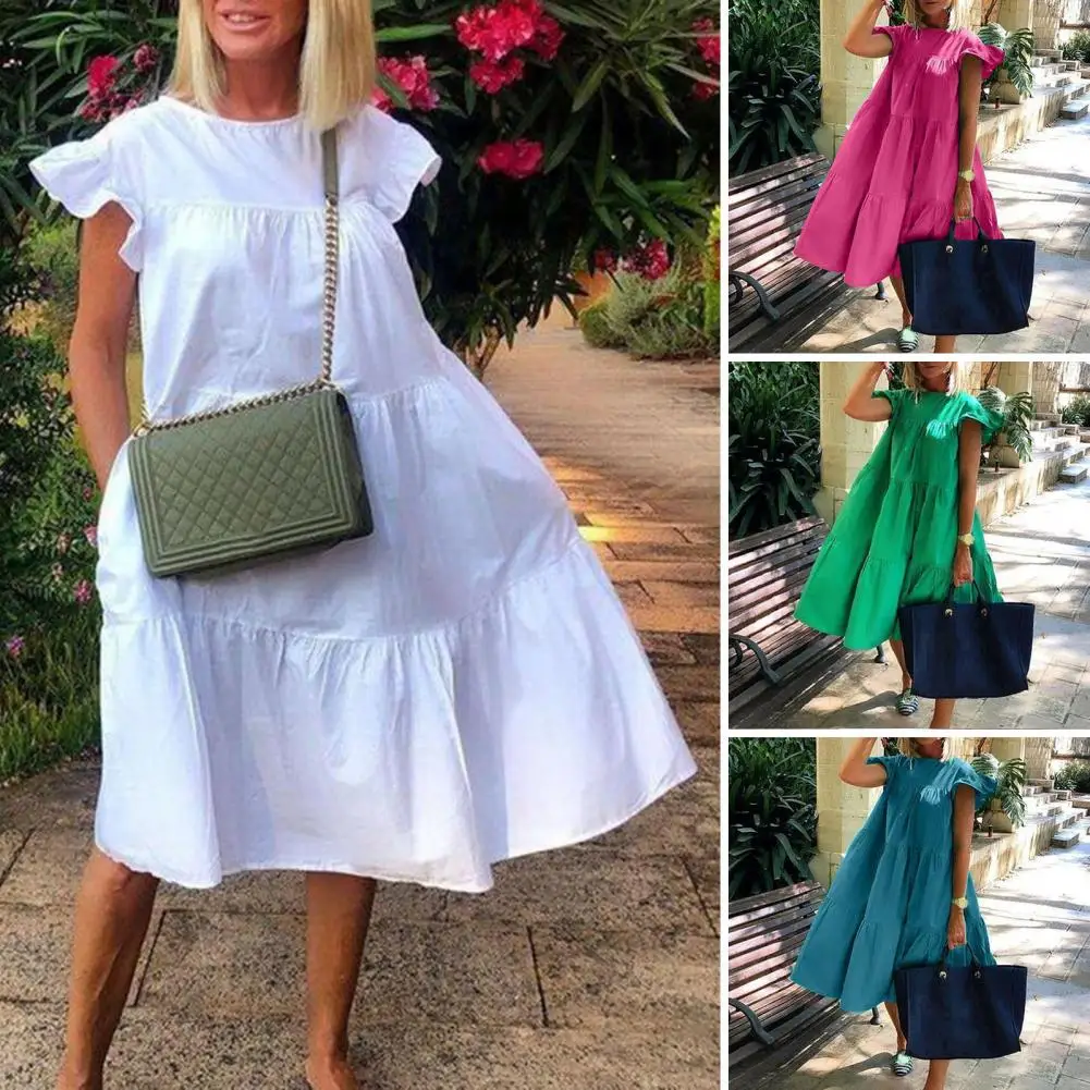 Loose Waist Women Dress Elegant Summer Midi Dress with Fly Sleeve Ruffle Stitching Swing Hem Party Dress Solid Color for Women