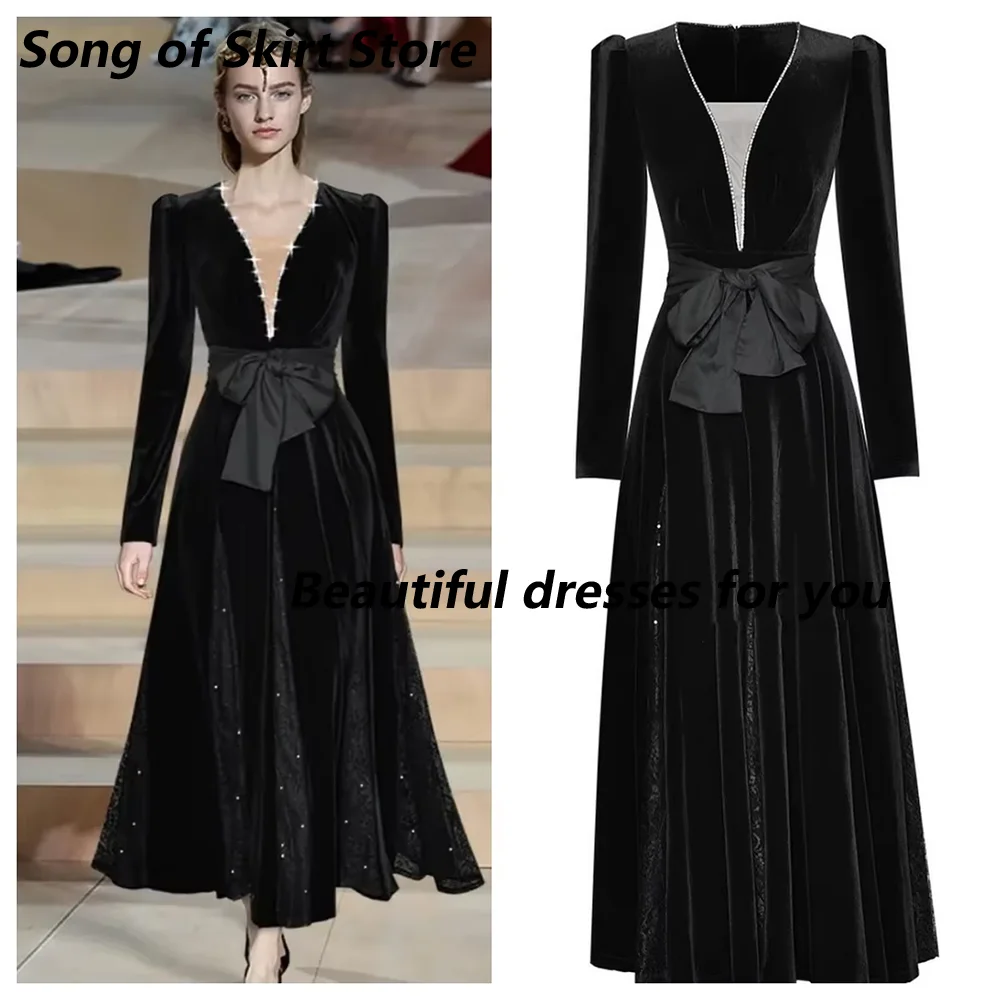 

Customized Elegnat Long Sleeves Evening Dresses Jersey Sequined Black V-neck A-line Prom Dress with Bow Ankle-Length Party Dress