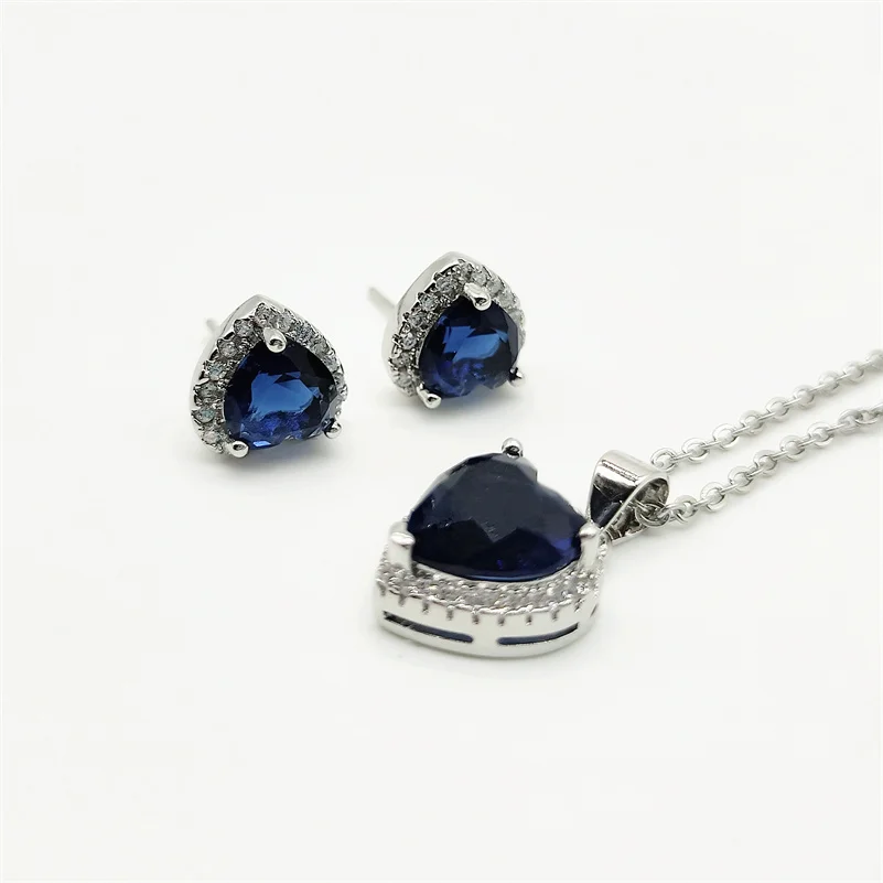 CC Stud Earring Necklace Jewelry Set For Women 2pcs Blue Heart Zirconia Stone Silver Color Love Fashion Accessories