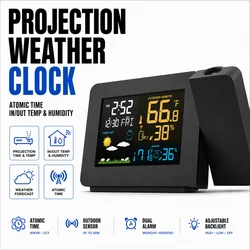 Projection Alarm Clock with Weather Station, Atomic Digital Clock with Indoor Outdoor Thermometer Humidity Monitor, Wireless