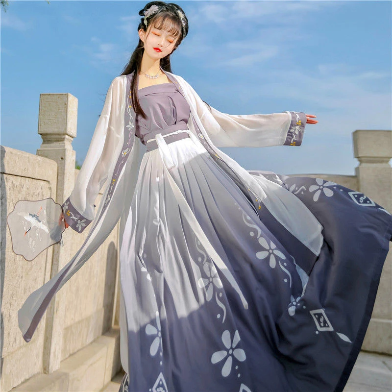 Women's Hanfu Song Dynasty Loose Retro Dress Cardigan Flower Bird Print Pleated Skirt Camisole Suit Wei and Jin Dynasty Clothing