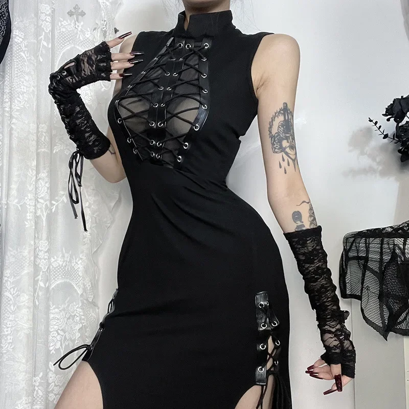 

Gothic Black High Slit Bandage Bodycon Party Dresses Sexy Vintage Lace See Through Sleeveless Long Dress Women Autumn