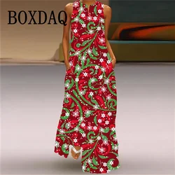 Colorful Christmas Flowers Women Dress Elegant Casual Sleeveless V-neck Pocket Long Dress Spring Summer New Christmas Party Robe
