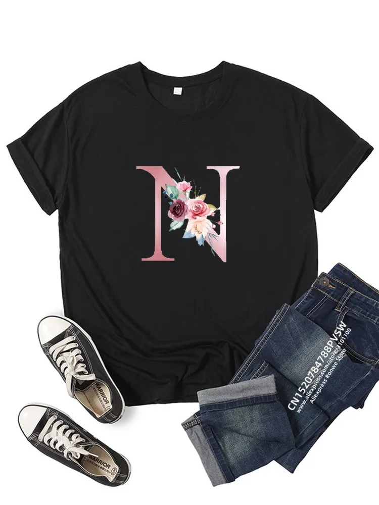 Women Flower Pink Letter Y2K Print T-shirt Girl Summer O Neck Black Harajuky Lady Tees Tops Female Streewear Clothes,Drop Ship