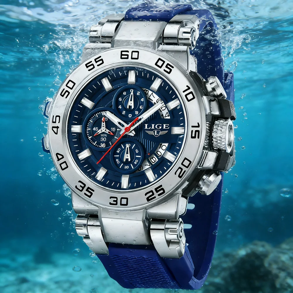 

LIGE Fashion Business Men Watch Top Brand High Quality Auto Date Big Dial Silicone Strap Sports Quartz Watches For Him Gifts