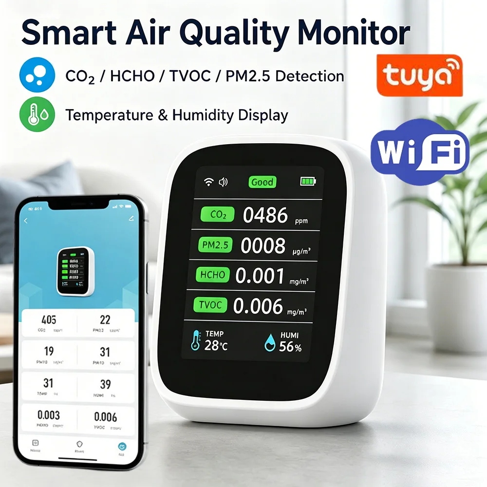 

Tuya WIFI Air Quality Monitor Gas Detector CO2 HCHO TVOC PM2.5 PM1.0 PM10 Temperature Humidity