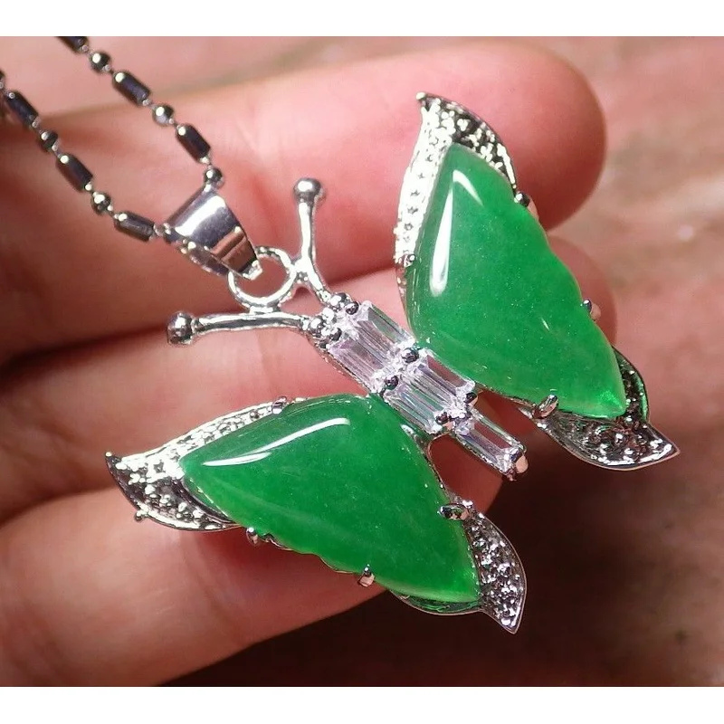 

White Gold Plate Green JADE Butterfly Diamond Pendant 101585