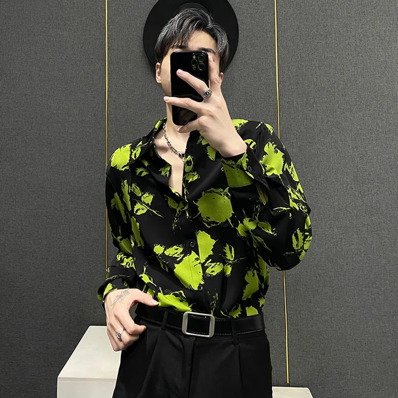 

Retro Loose oulder Pad Floral Men's irt Faionable Spring Summer New Sle Ice Silk Long Sve Youth ular Loose Fit
