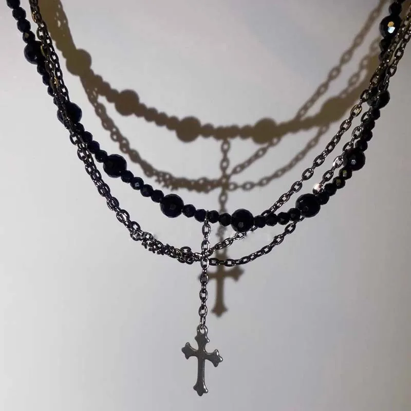 Gothic Punk Y2K Black Crystal Cross Pendant Necklace for Women Vintage Multi Layer Bead Necklace 90s EMO Charm Jewelry Gift