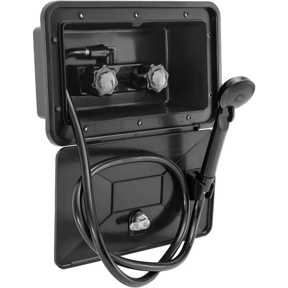 

Locking Outdoor RV Shower Box with 51 Inch Hose 2.5 GPM Head UV Resistant Rust Free Easy Install Black