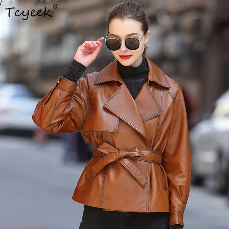 Leather Jacket Women 2023 New Casual Suit Collar Real Leather Sheepskin Tight Waist Belt Short Biker Trench Coat Female Clothing