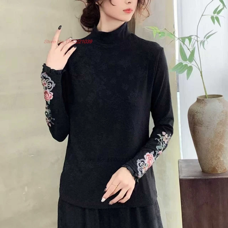 

2025 chinese traditional ethnic t-shirt national flower embroidery jacquard shirt retro hanfu tops oriental vintage base shirt