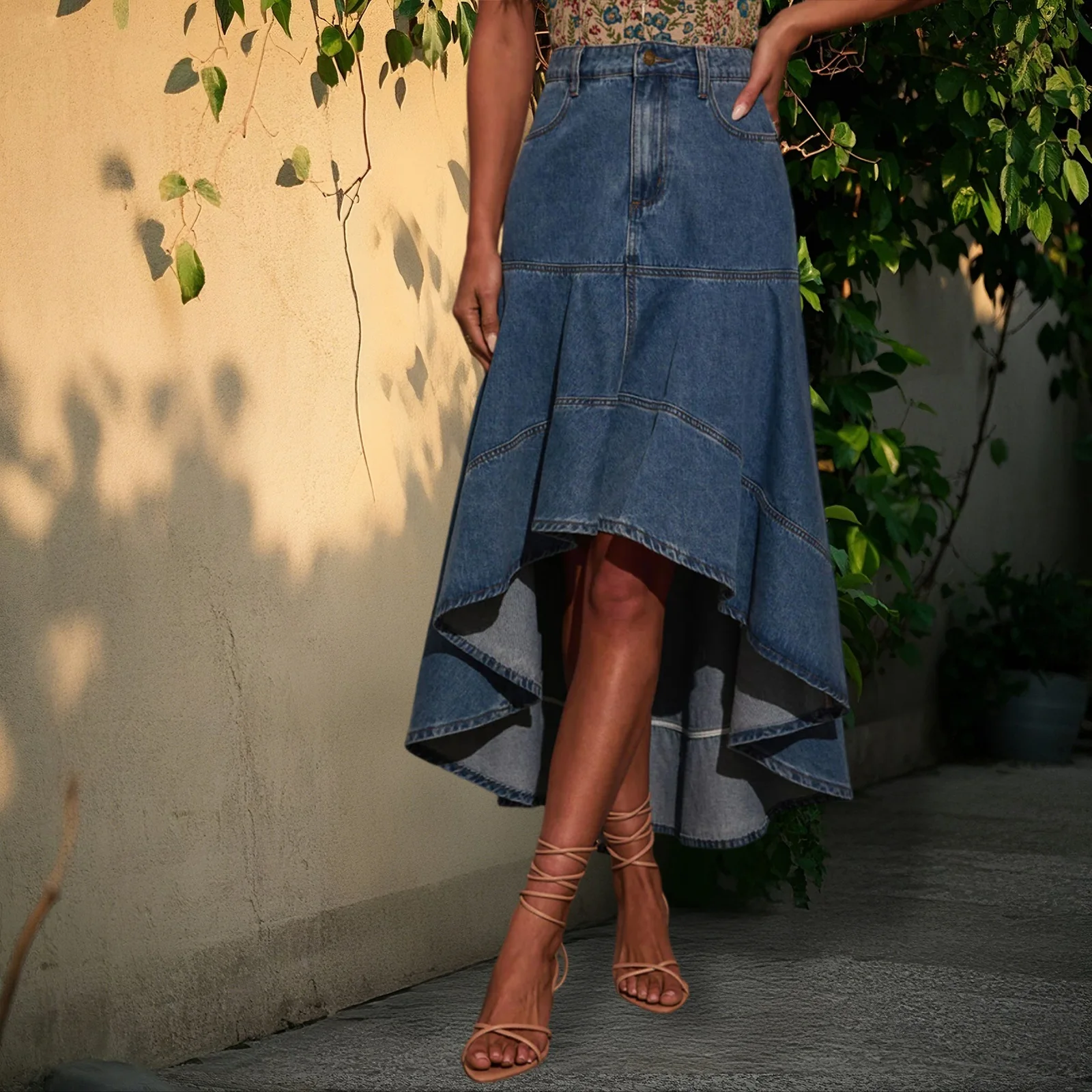 2025 femmes Vintage Denim asymétrique jupe Midi haute et basse une ligne solide Jean jupe pour l'été printemps automne