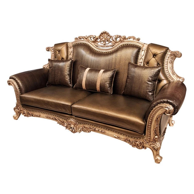 

European neoclassical birch carving sofa leather art French neoclassical 123 sofa coffee table combination furniture