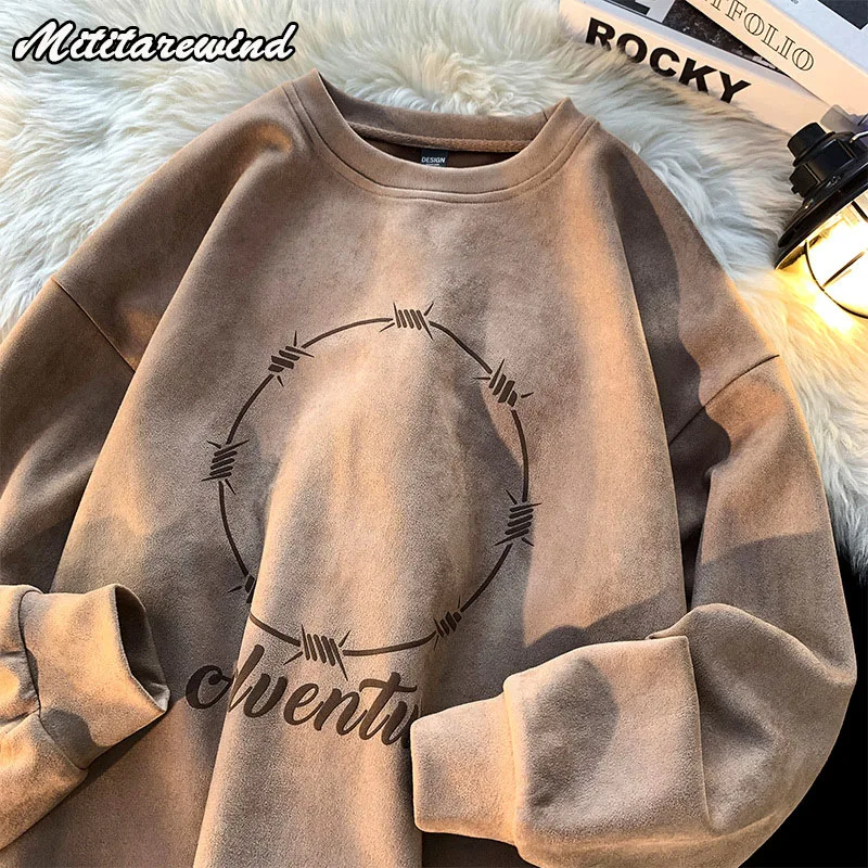 Hip Hop Casual Loose Suede O-Neck Sweater Men\'s Spring 2023 High Street Hoodies Print Vintage Y2k New Autumn Fashion Clothing