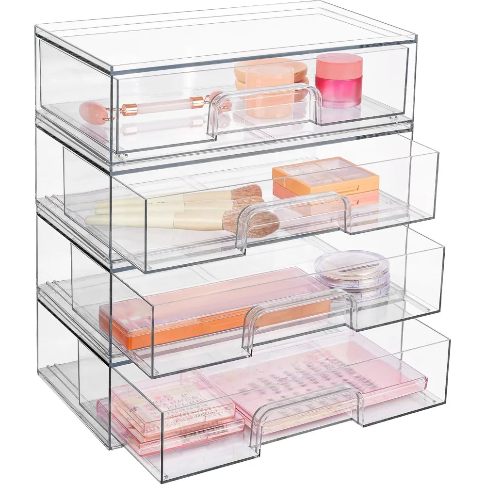 

12''W Clear Stackable Storage Drawers,4 Pack Acrylic Plastic Organizers Bins for Makeup Palettes, Cosmetics