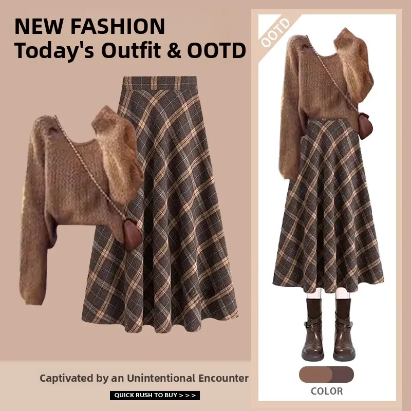 

Fashionable Slimming Autumn Winter Knitted Sweater And Skirt Two Piece Set Women's Clothing Vintage Style Ensemble