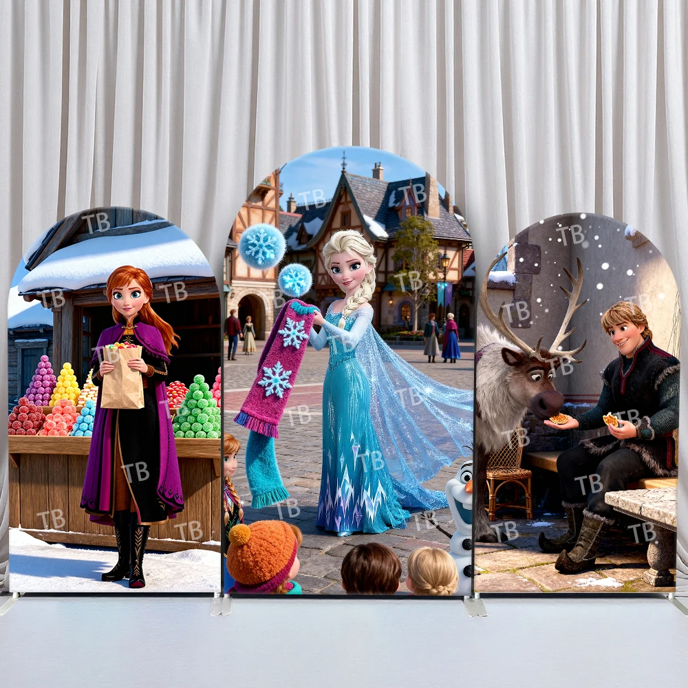 

TB Frozen Arch Backdrop Cover Elsa Anna Olaf Kristoff Reindeer Village Market Candy Scarf Party Photo Booth Props for Events