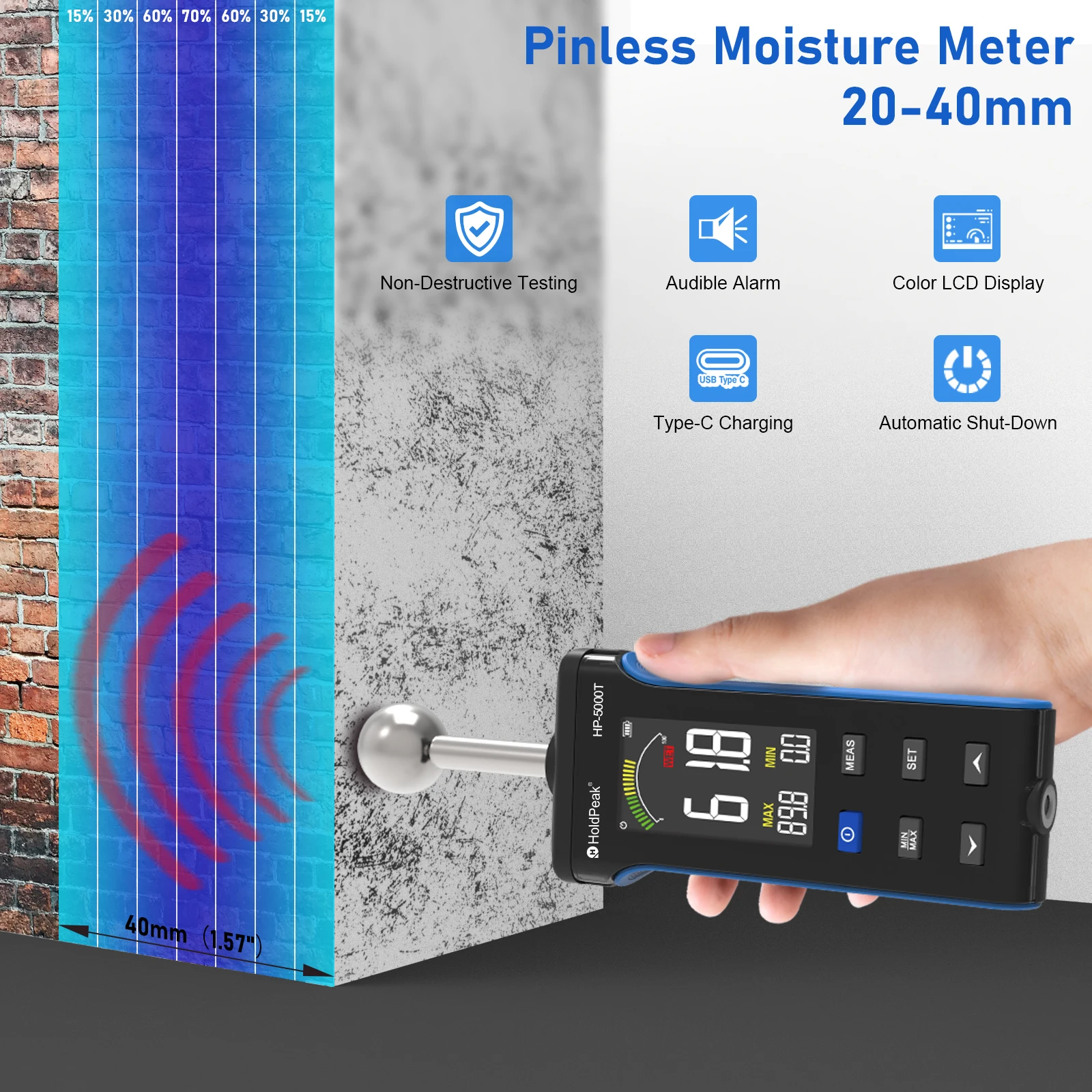 HoldPeak 5000T Pinless Moisture Meter Non-Destructive 0-100 Color LCD 3-Color LED Alarm 20-40mm Depth for Wood Concrete