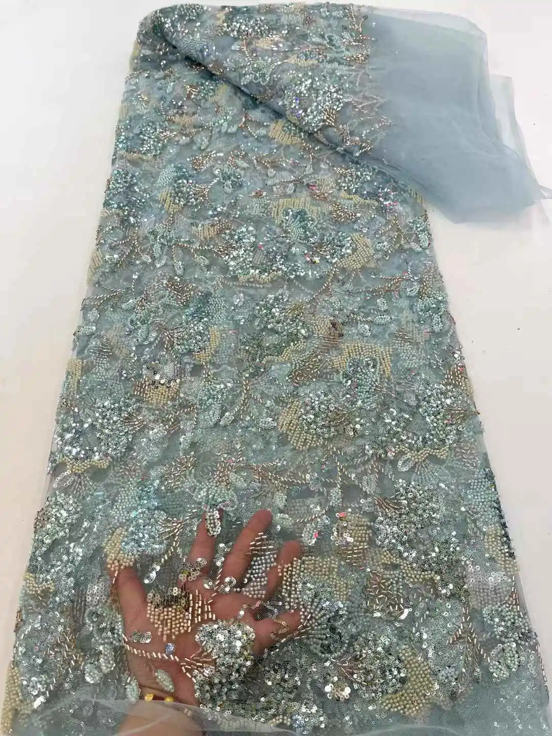 

African Lace Fabric 2025 Handmade Beaded Lace Fabric France Sequins Nigerian Embroidery Bridal Mesh Lace Fabric For Sewing