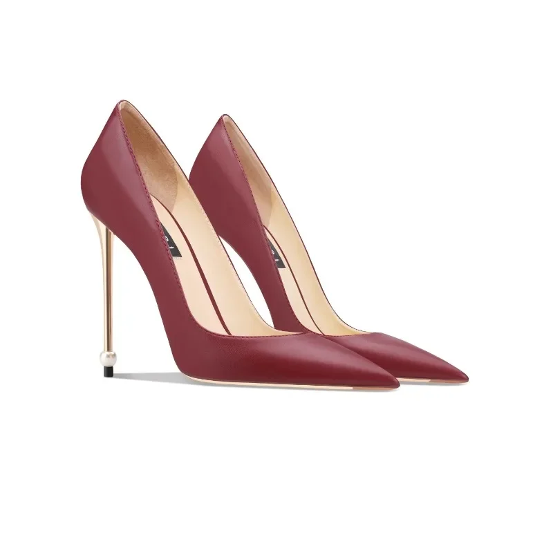 

Wine Red Matte Pearl High Heels 2026 Summer Pointed Toe Metal Heel Party Pumps