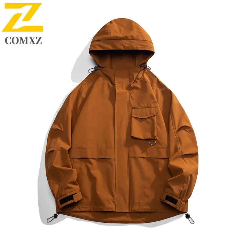 

COMXZ Men Japanese Workwear Coat Streetwear Loose Fit Hooded Jacket Spring Autumn Multi Pocket Casual lightweight windbreaker