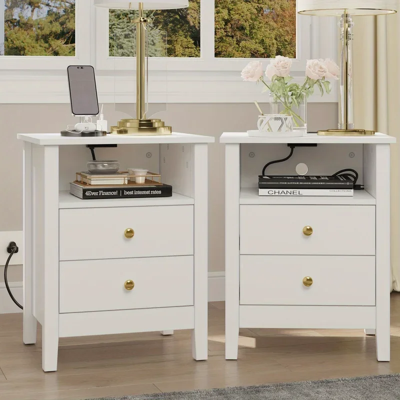 Set of 2 Nightstand Bedside Table 2 Drawers with Charging Station and USB Ports