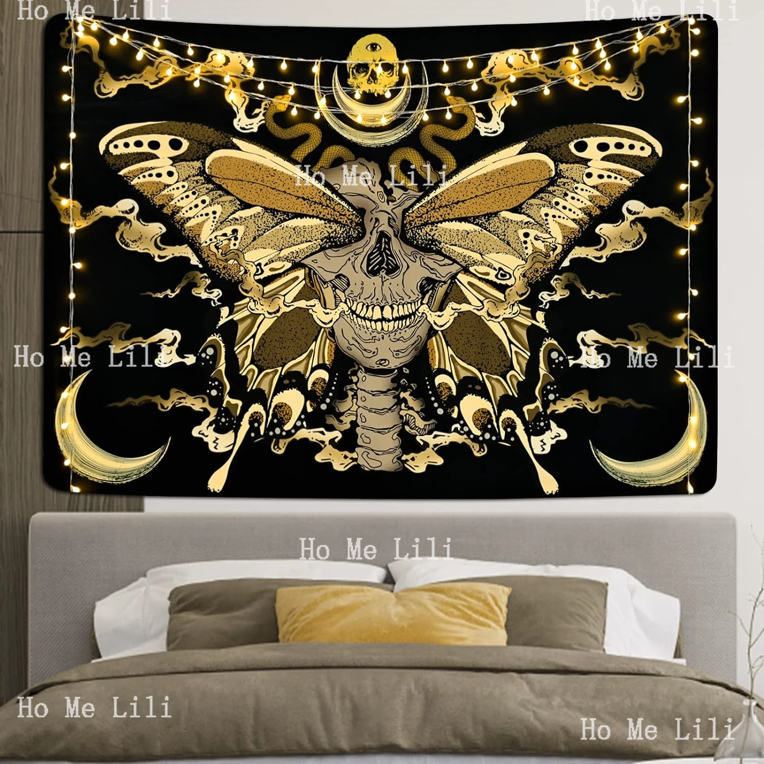 Uspring Trippy kafatası ölüm güve yılan Vintage kelebekler iskelet ay hippi gözler siyah goblen duvar asılı odası Decorat için