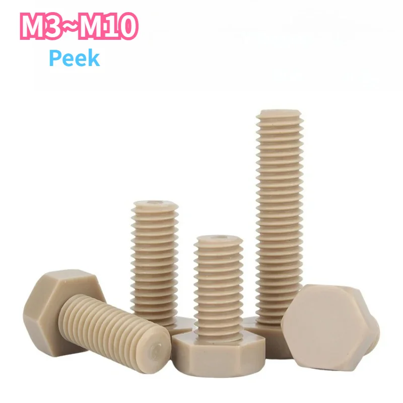 External Outer Hex Hexagon Head PEEK Plastic Corrsion Screw M3 M4 M5 M6 M8 M10 Heat Resistant Acid Alkali Insulated Bolt