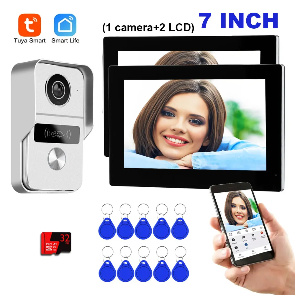 Videoportero con Pantalla Táctil LCD de 7 Pulgadas 1080P TUYA, Control de Acceso, Sistema de Videoportero Wifi, Cámara con Desbloqueo RFID