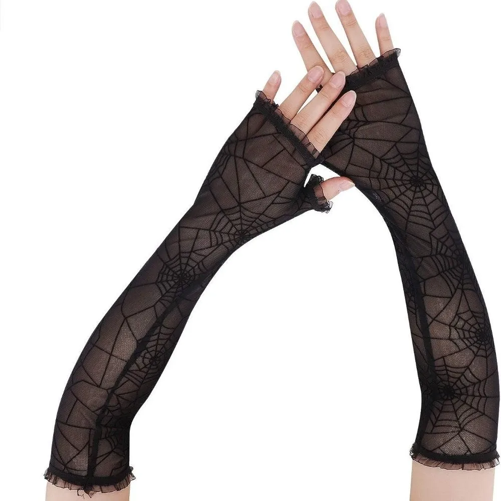 Guanti di Halloween sottili fantasia Guanti gotici Lolita ragnatela Guanti lunghi in rete con mezze dita Cosplay