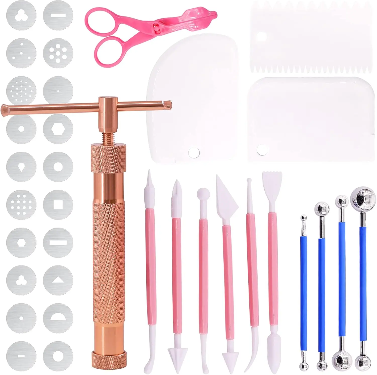 

36Pcs Clay Extruder Gun Set for Cake Decorating, Fondant Modeling Tools with 20 Discs, Ball Stylus & Scraper
