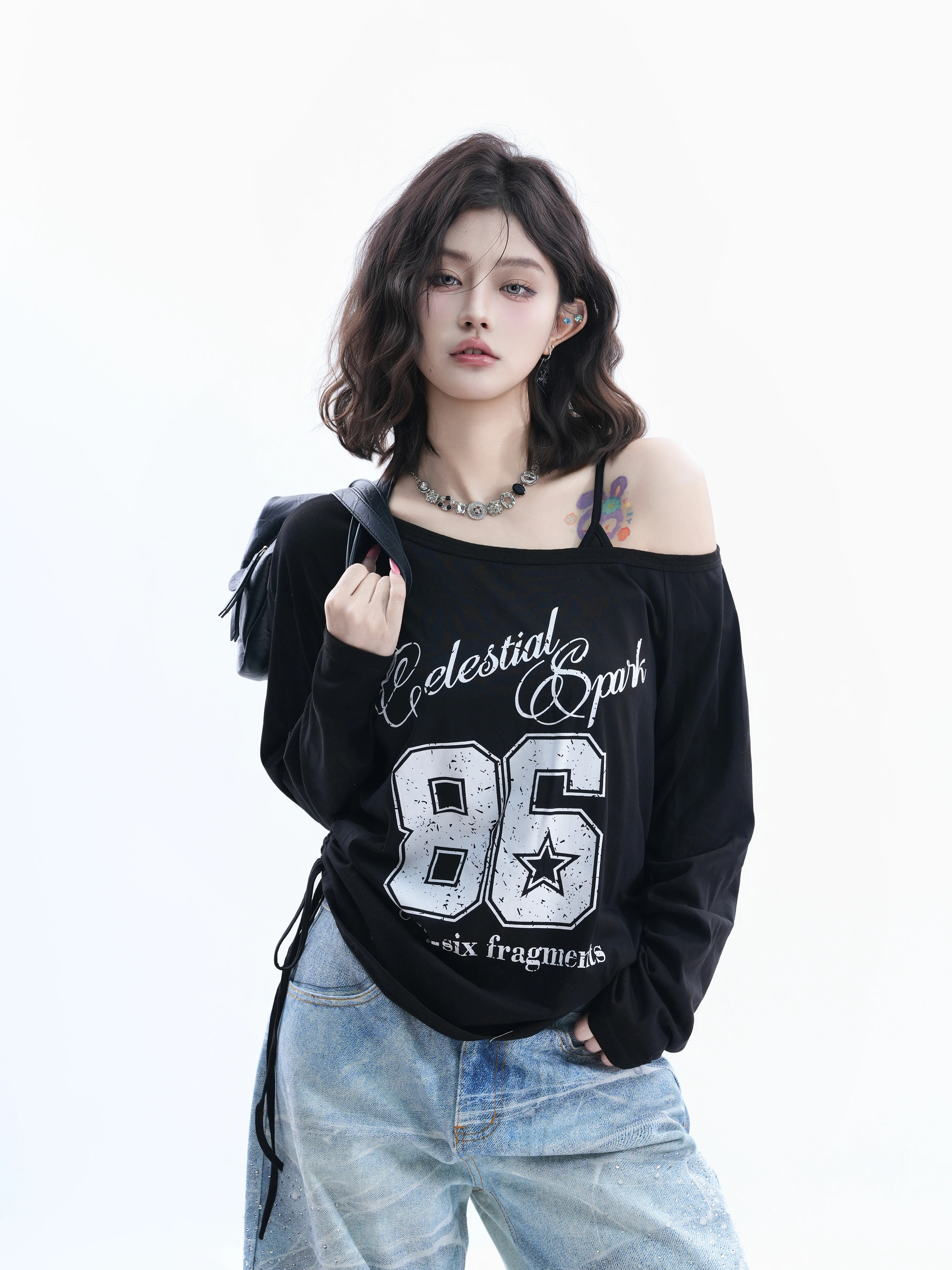 

Retro American Long Sleeve Digital Print T-Shirt Women's Asymmetrical Drawstring Waist Slimming Top Cotton Loose Fit Crew Neck