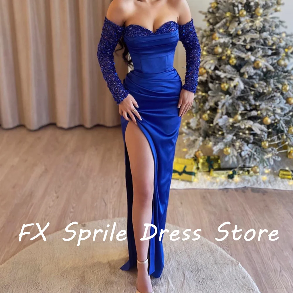 Sweetheart Off the Shoulder Sequined Long Sleeves Satin Sheath Floor Length Side Slit Backless Elegant Evening Dress Custom Size