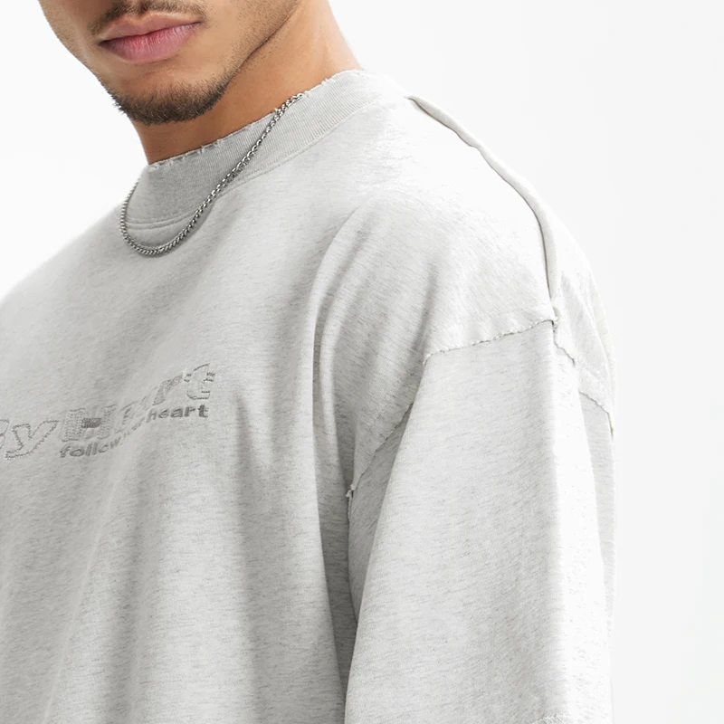 INFLATION 260G Washed Embroidered T-Shirt American Vintage Heavyweight Casual Cotton Short Sleeve for Men