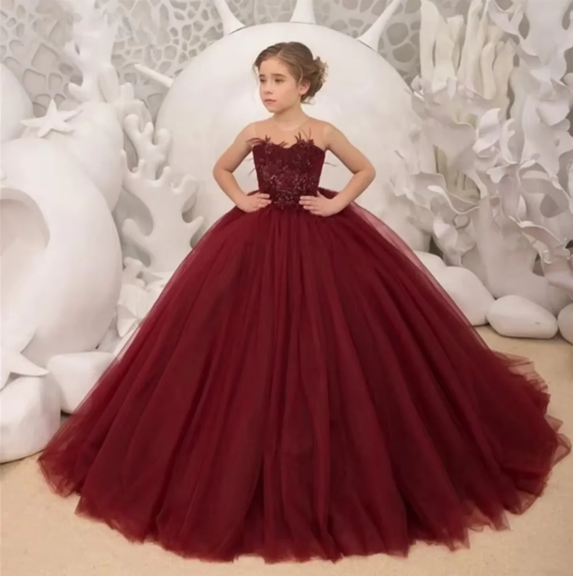 Blumenmädchenkleid Blau für Hochzeit Baby Prinzessin Ballkleider Spitzenapplikationen Schulterfrei Wunderschönes Abendkleid