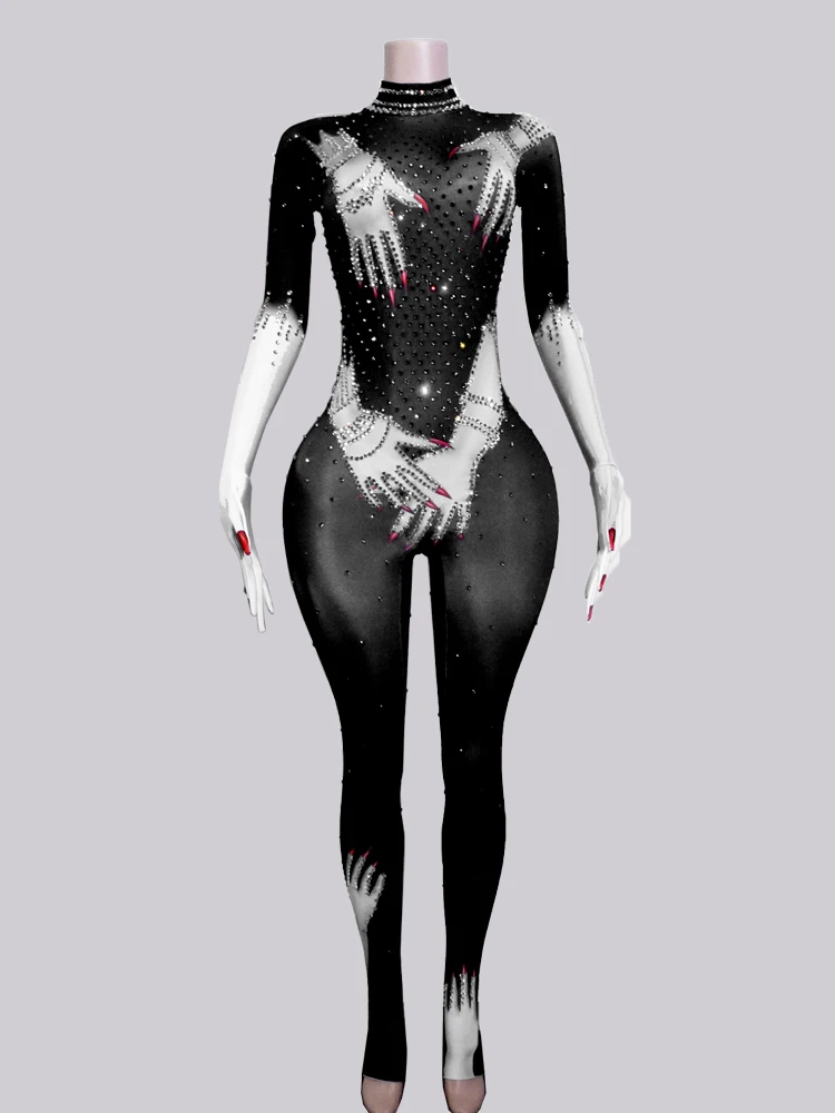 

Gogo Dance Costume Sexy Full Black Crystal Printed Hand Jumpsuit Dancers Wear Drag Queen Outfit Birthday Show Girl Performance