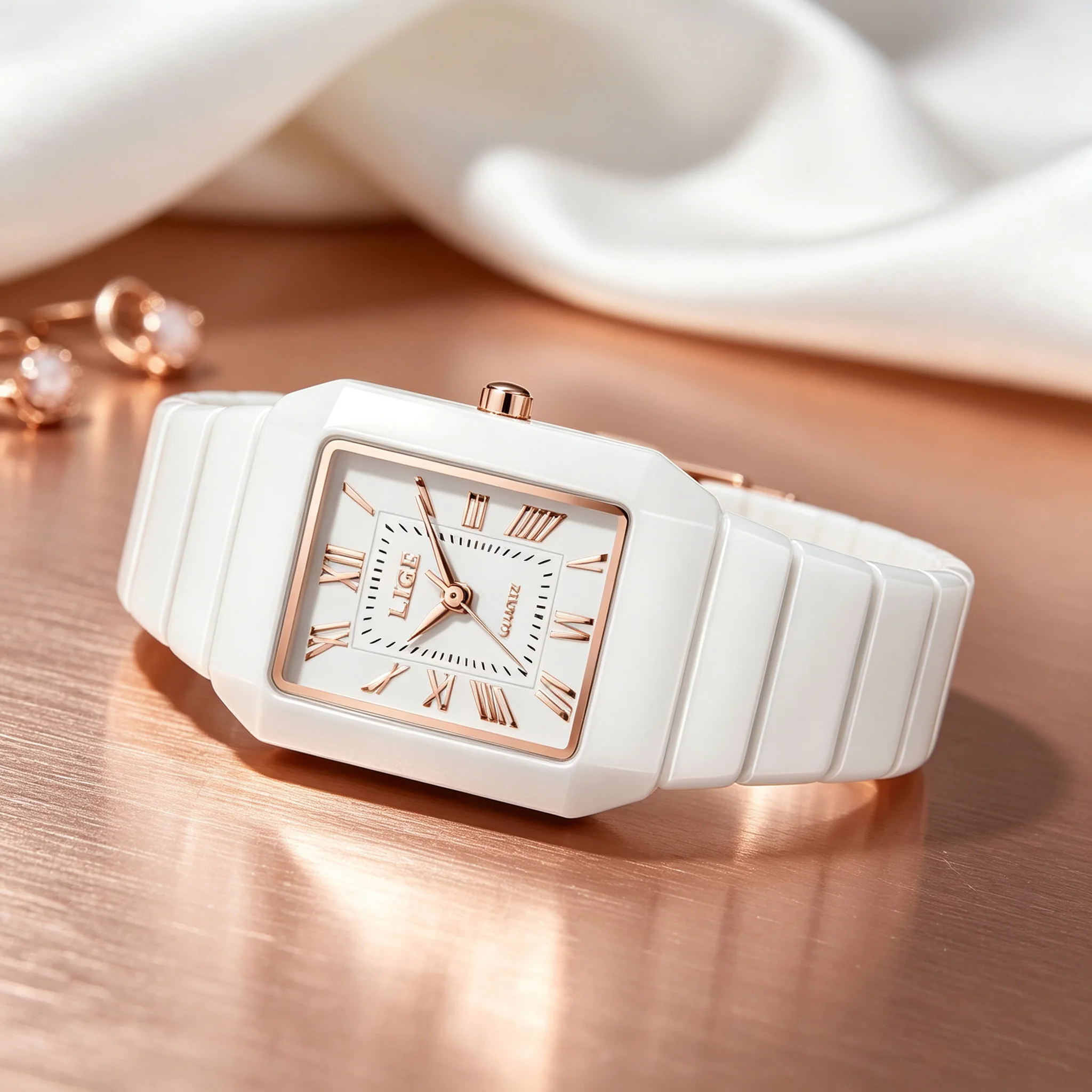 LIGE New Style Elegant Women's Quartz Watches 3ATM Waterproof Square Female Wristwatch Full Ceramic Fashion Pink Ladies Clock