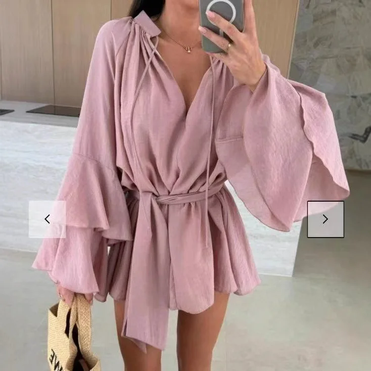 Casual Loose Flared Sleeves Dresses For Women 2025 Fashion Deep V-neck Pure Color Mini Dress Spring Summer Lace Up Robe Femme