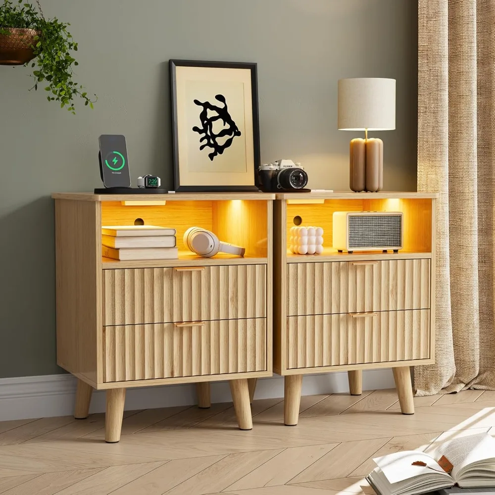 

fluted nightstand set of 2 with charging station, led nightstand with 2 drawers and open storage cubby, modern bedside table wi