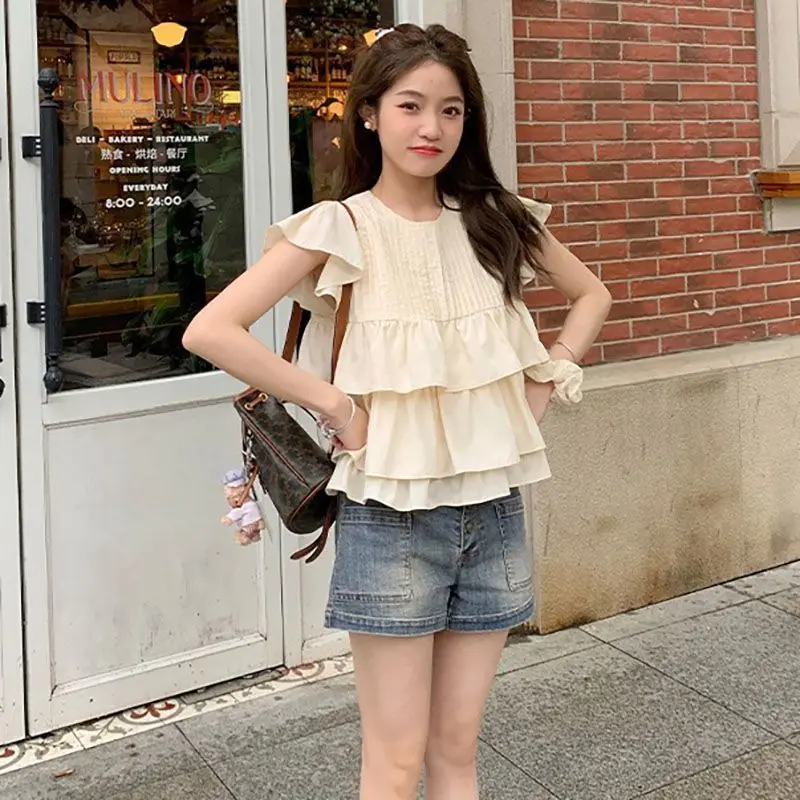 

Femme Summer Fashion Trend Ruffles Solid Color O-neck Short Sleeve Women Clothing All-match Fashion Sweet Young Style Loose Tops