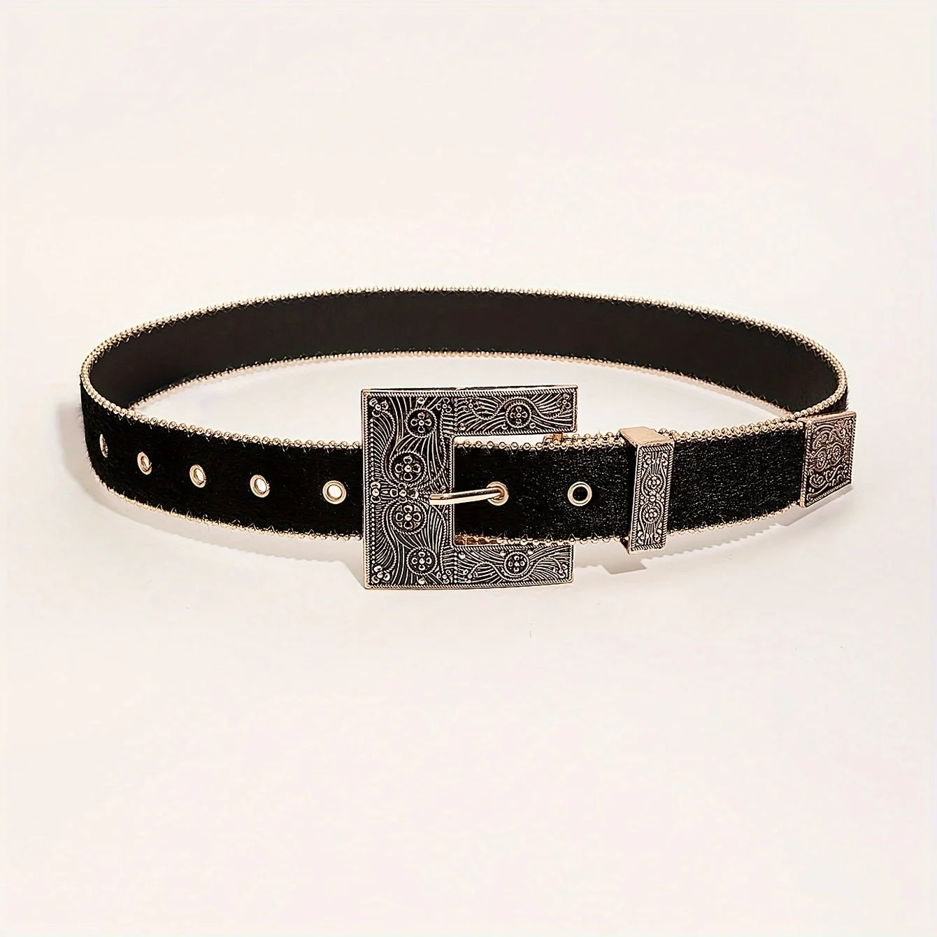 1 piece of retro square carved gold buckle belt with beads on the edge Y2K frosted belt suitable for daily travel