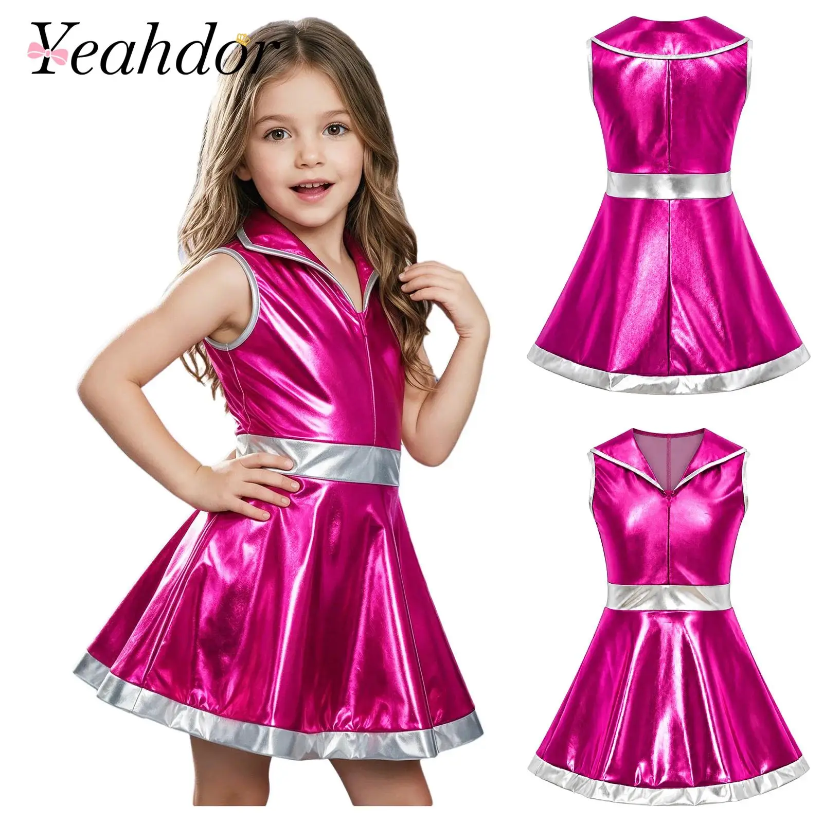 Kids Girls Alien Costume Metallic Color-blocked Dress for Halloween Role-play Theme Party Outfit retro Disco Jazz Dance Costume