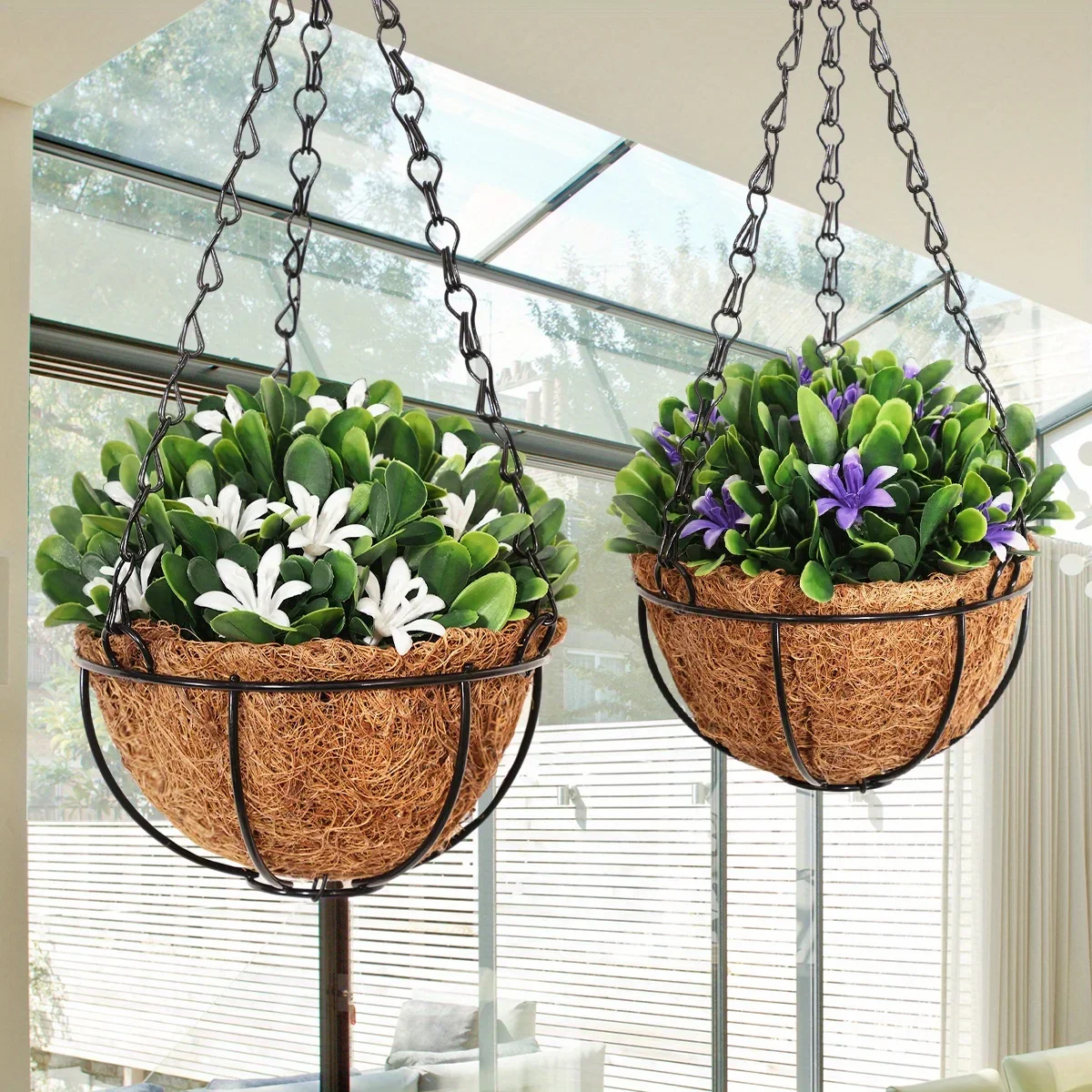 XIYA FLOWER Artificial Flower Basket Boxwood Purple Hanging Flower Palm Basket Garden Decor Hanging Artificial Plant Party Decor