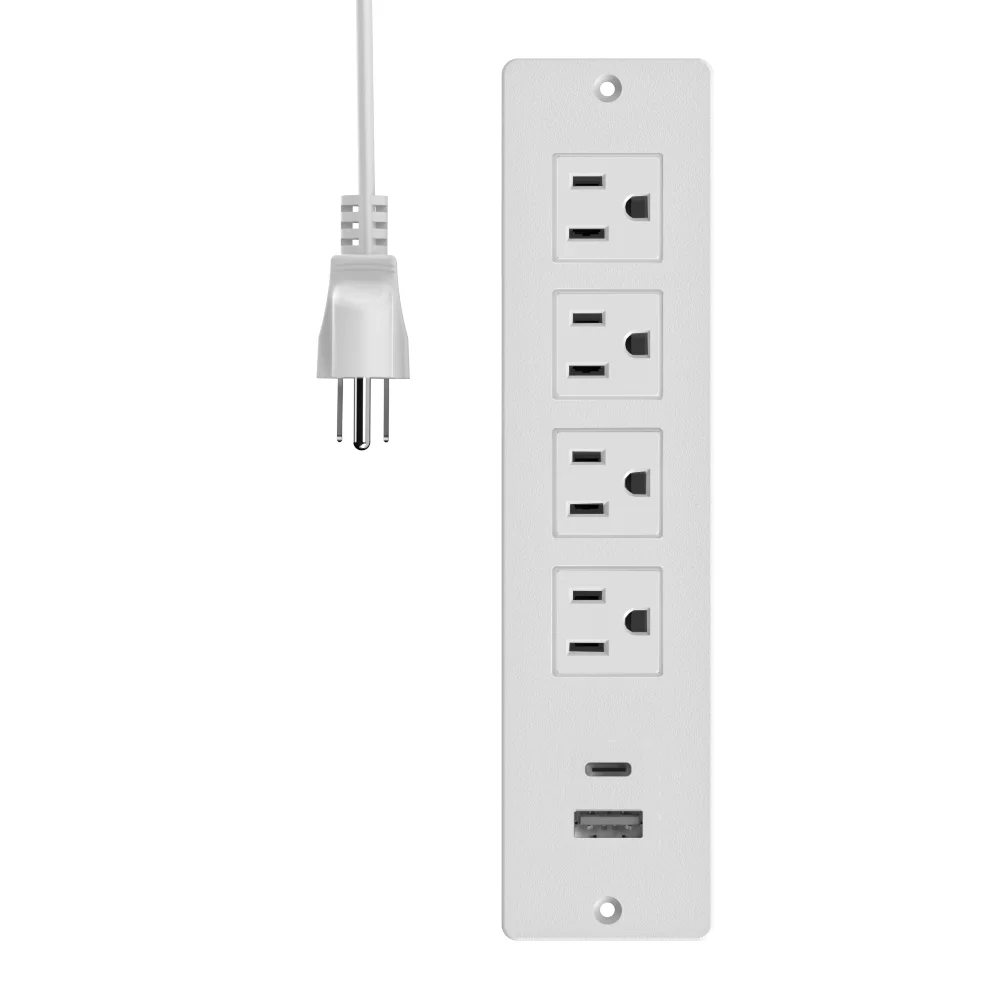 White Recessed Power Strip 1500W 4 AC Outlets USB A USB C Ports 4.92ft Power Cord Built in Socket for Desk Office Sofa Table