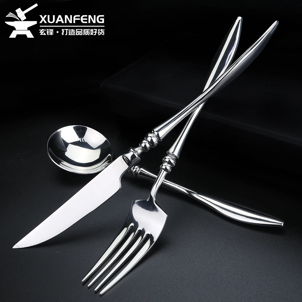French 304 Stainless Steel Knife, Fork, Spoon, Mirror Finish High-End Tableware, Willow Leaf Handle Steak Knife and Fork Set
