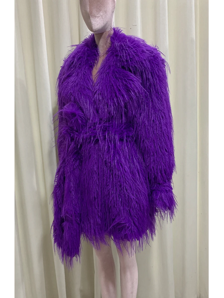 Autumn Winter Loose Bright Purple Hairy Shaggy Thick Warm Soft Faux Mongolian Fur Coat Women Sashes Luxury Fluffy Jacket 2025