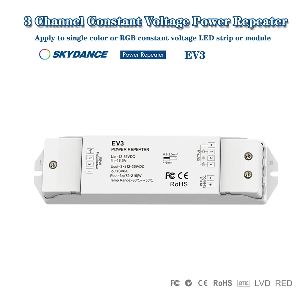 Skydance EV3 DC12-36V 3CH*6A Constant Voltage 2In1 Power Repeater Single Color RGB Signal Amplifier For Controller/Strip/Module