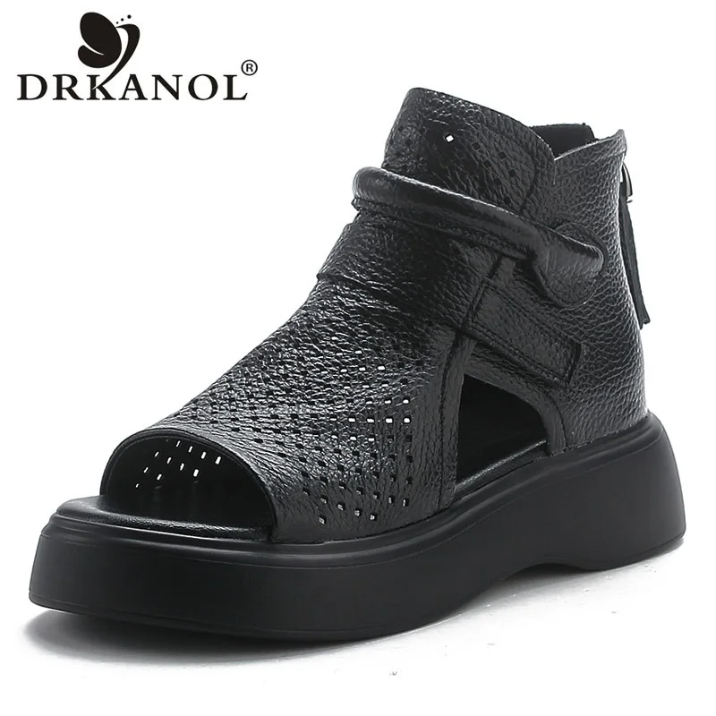 

DRKANOL 2024 Fashion Women Gladiator Sandals Summer Peen Toe Wedges Heel Chunky Platform Thick Bottom Genuine Leather Cool Boots